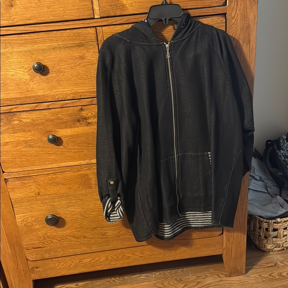 Black Zip-Up Hoodie with Striped Cuffs